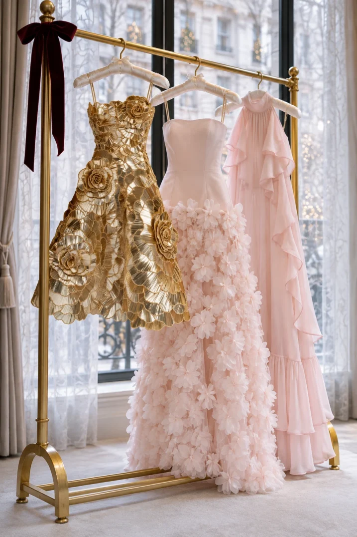 Gold rosette cocktail dress and blush gowns on a brass rack with a burgundy velvet bow