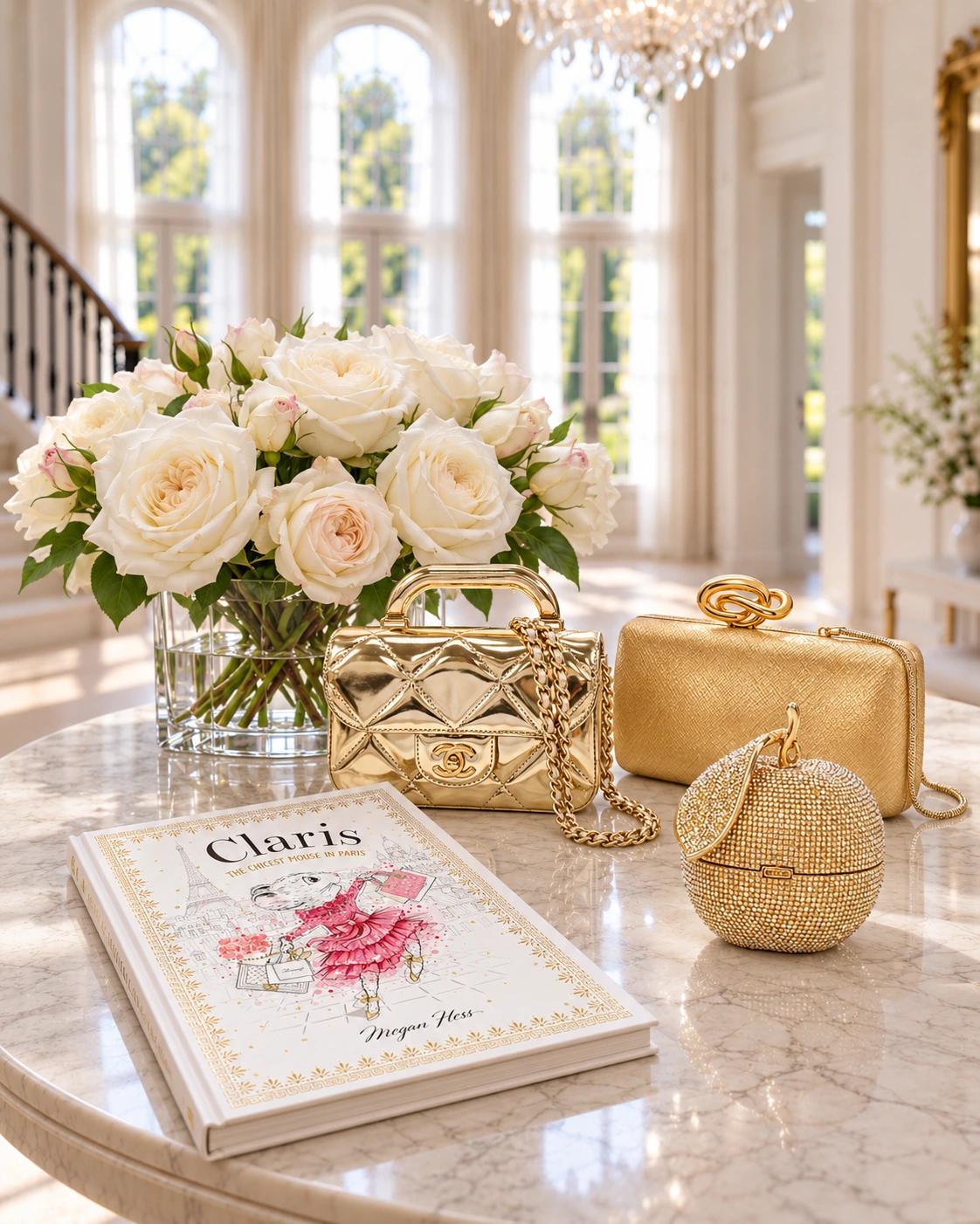 Three gold evening bags with white roses and the Claris book on a round marble entryway table.