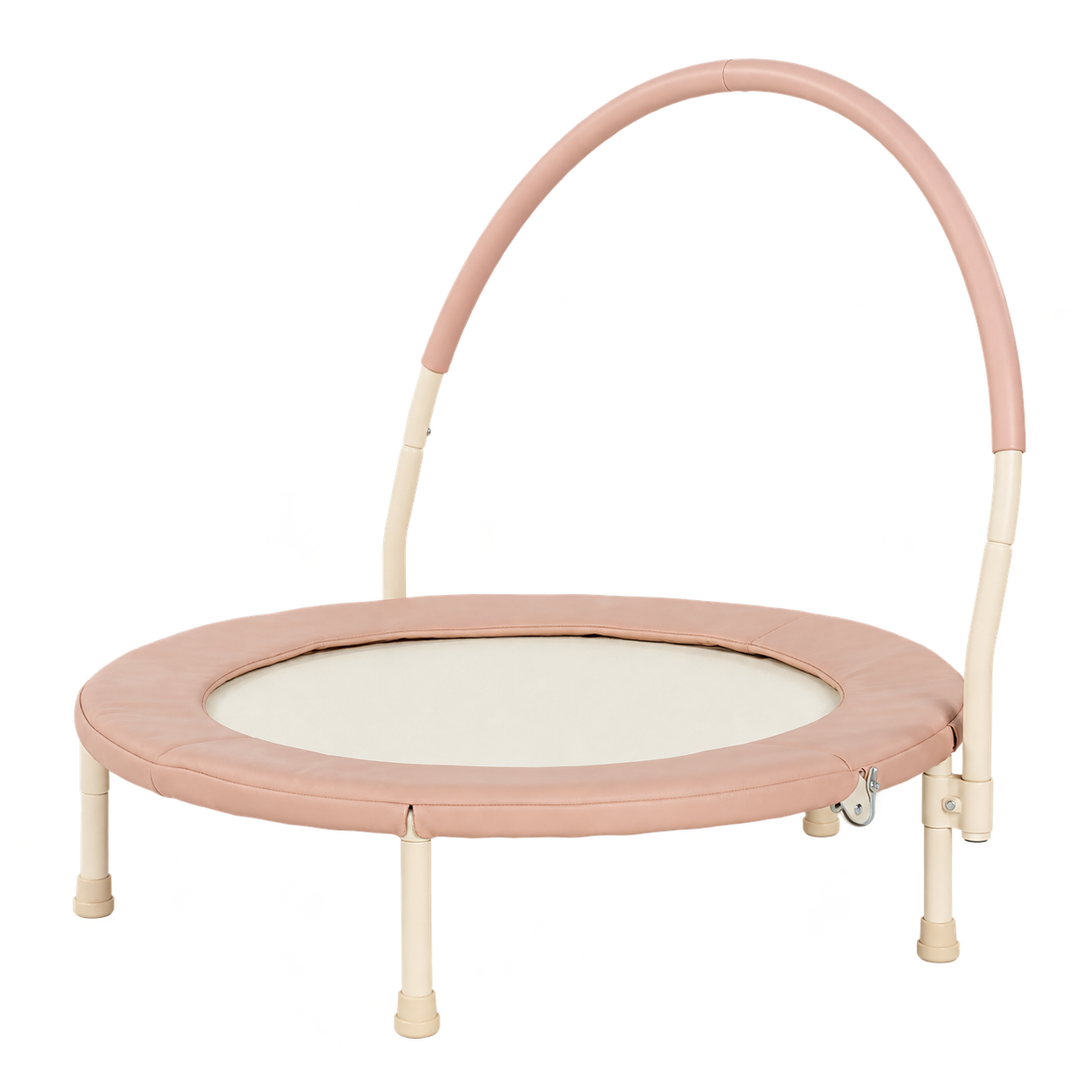 Gathre indoor trampoline in blush Tulle, with an ivory jumping surface and curved handle
