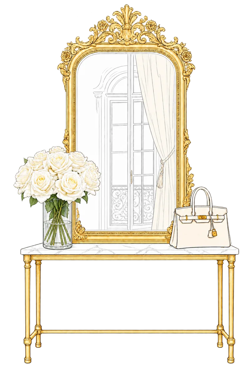 Illustrated ivory and gold entryway with a crested mirror, white roses and an ivory handbag