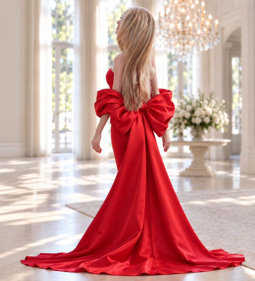 Charlotte in a ruby red gown with an oversized satin bow and flowing train in a sunlit ivory foyer.