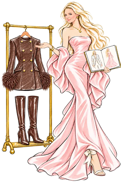 Charlotte beside a gold clothing rail with a chocolate tweed jacket-dress and tall espresso boots.