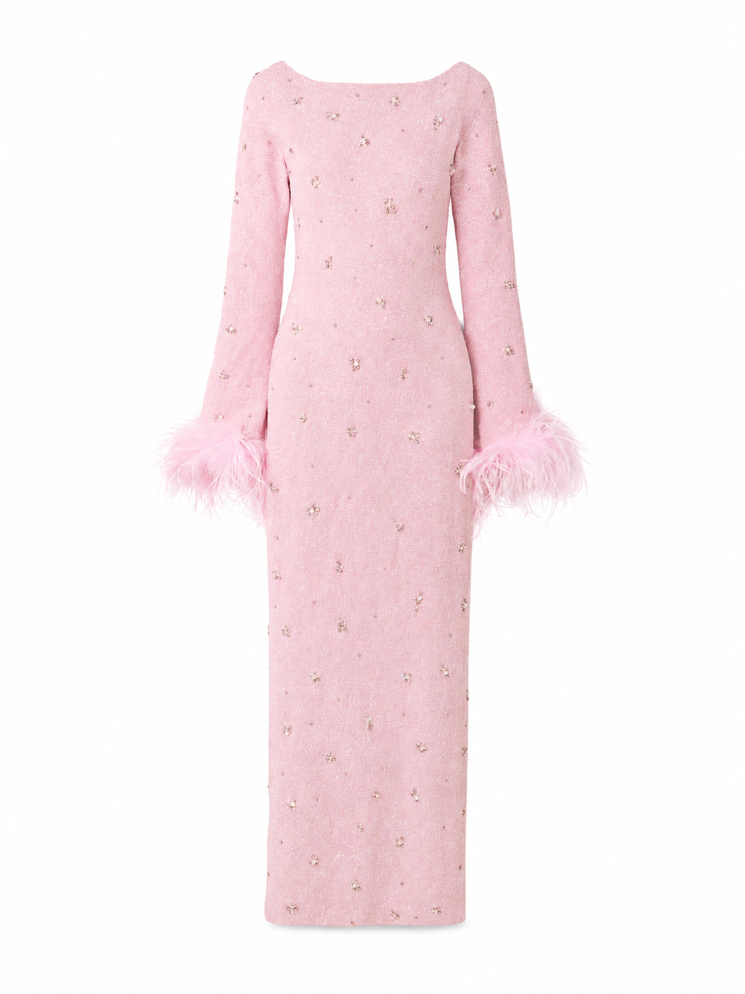 Clio Peppiatt Mae pink embellished gown with feather cuffs on a white background