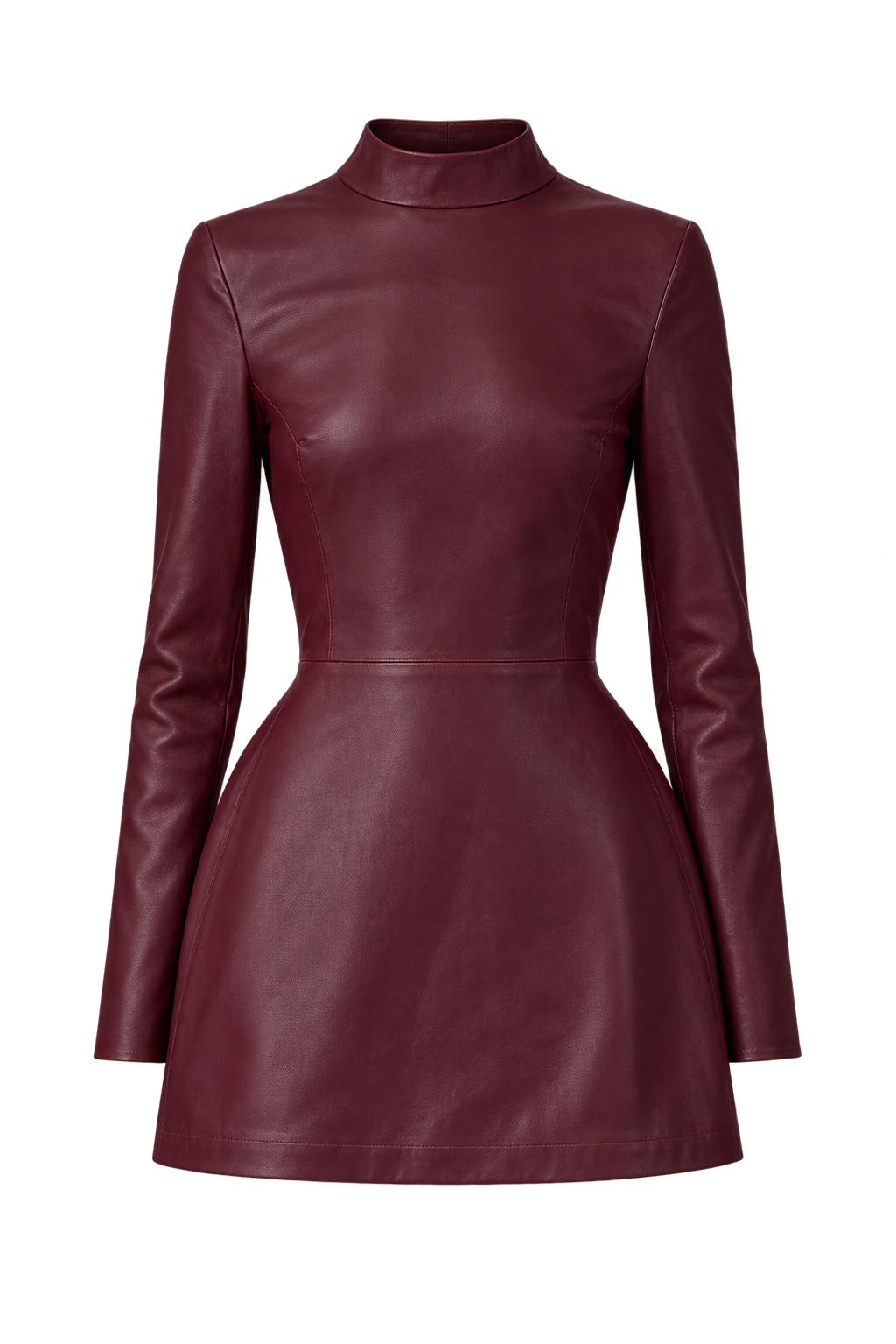SAME burgundy long-sleeve leather mini dress, shown without a model.