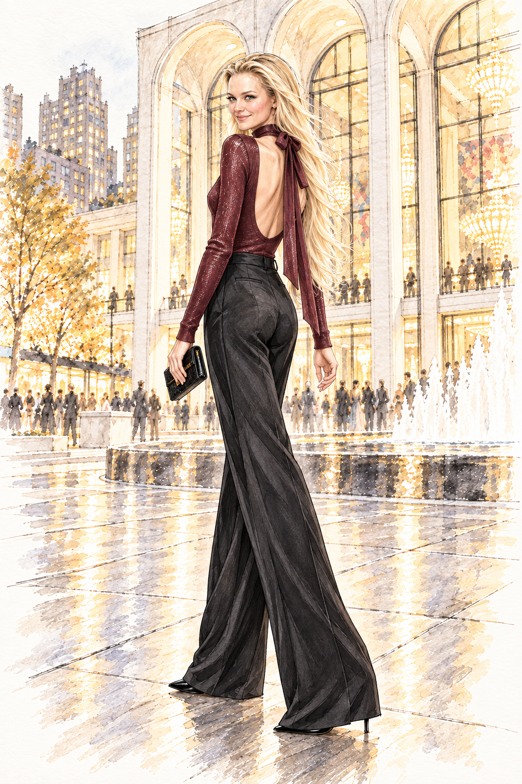 Fashion sketch of Charlotte wearing SAME’s open-back merlot bodysuit with black trousers at Lincoln Center.