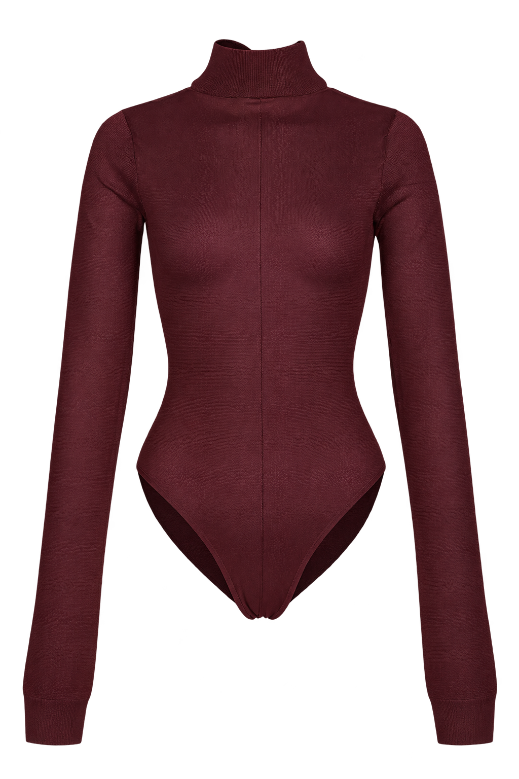 SAME merlot shimmer mock-neck knit bodysuit, shown without a model.