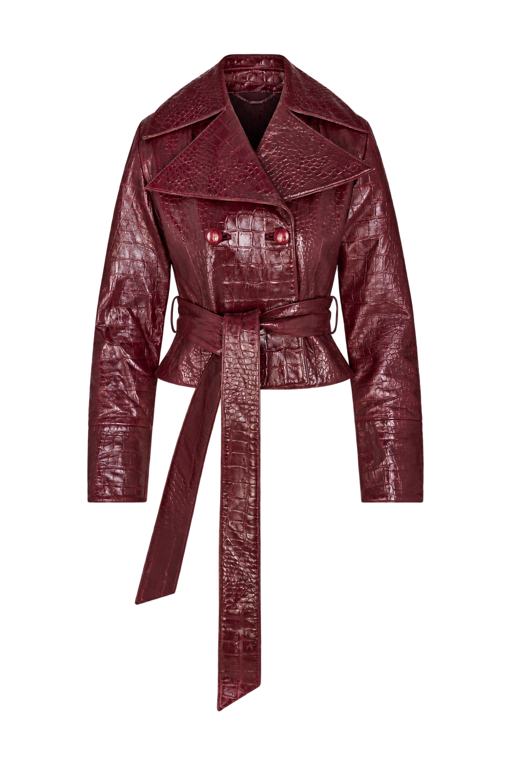 SAME oxblood croc-embossed cropped trench, shown without a model.