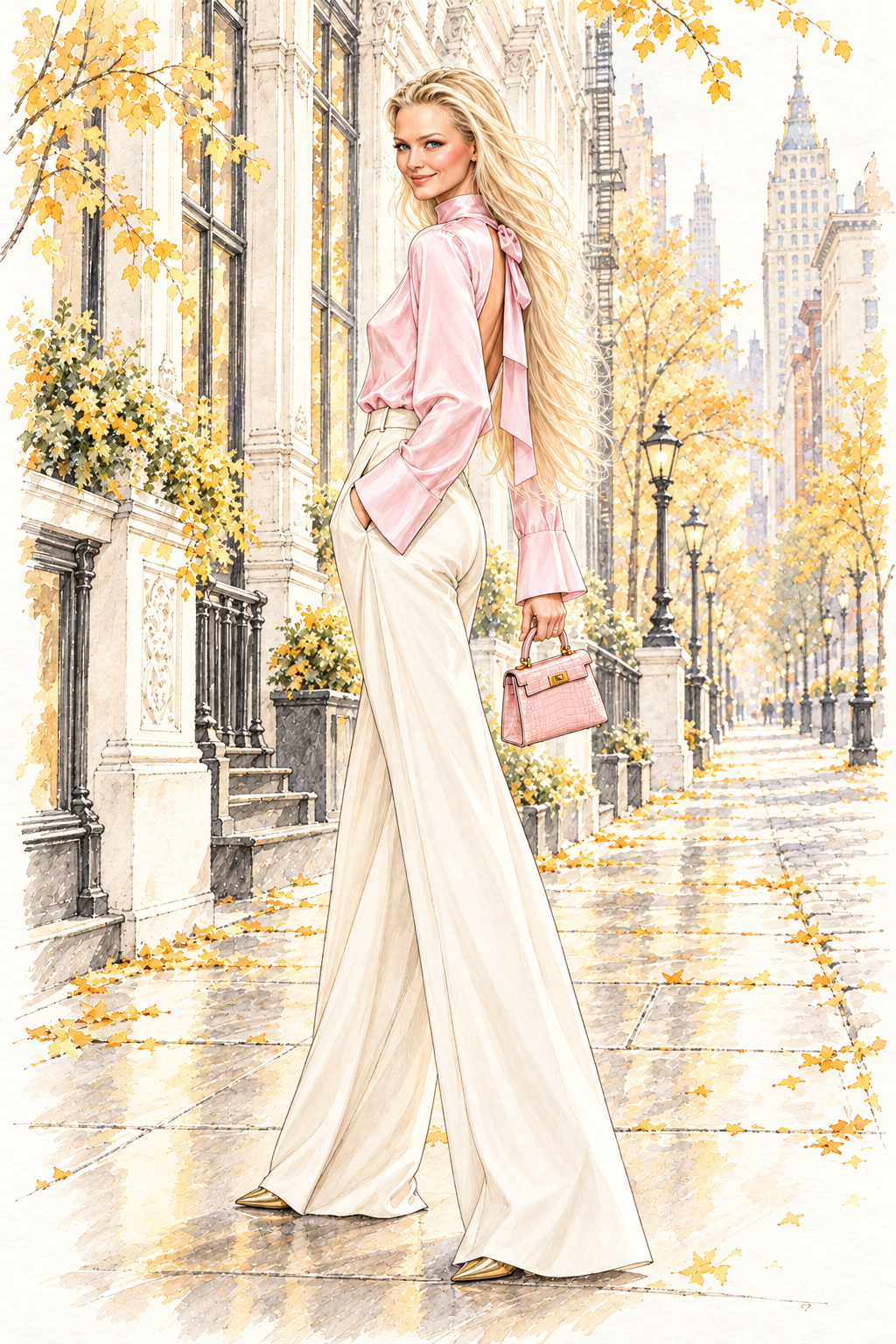 Fashion sketch of Charlotte wearing SAME’s rose silk blouse with cream trousers on a New York street.